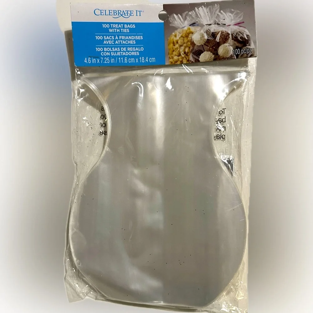 CELEBRATE IT 100 TREAT BAGS W/ TIES 4.6”x7.25” CLEAR ROUND SHAPED GIFT SEALED